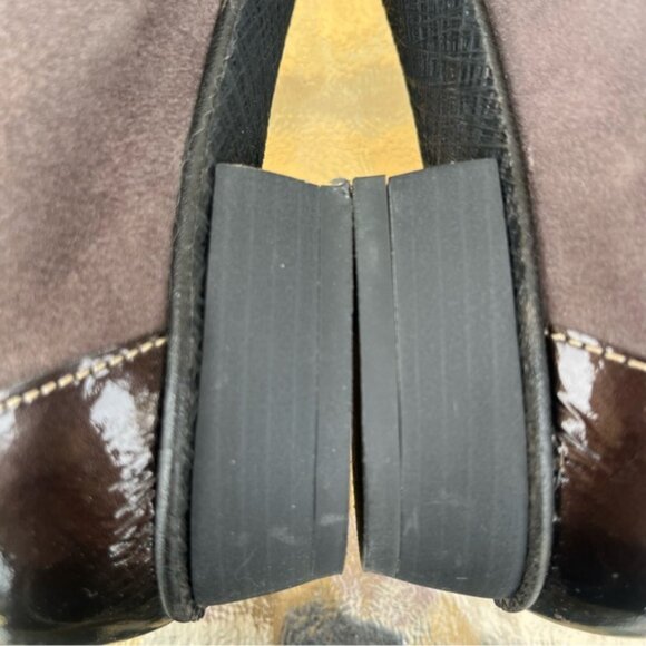 Un Tour En Ville Dark Grey Suede/Espresso Patent Leather Square Toe Slip On Shoe - Picture 13 of 14